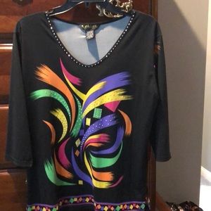 Very colorful black tunic top with silver studs